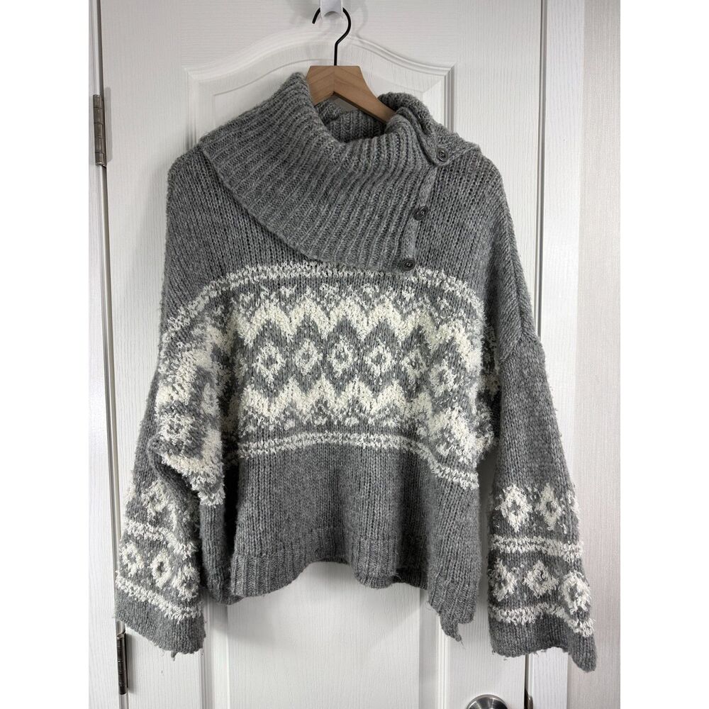 Free People Women’s Small Gray Fair Isle Wool Blend Shawl Collar Sweater